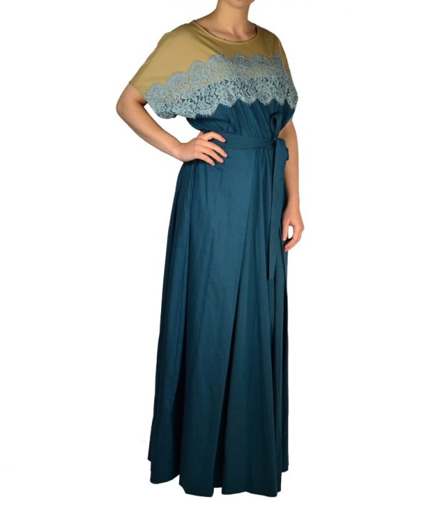 Платье Nolo бирюзово-бежевое с гипюром на груди