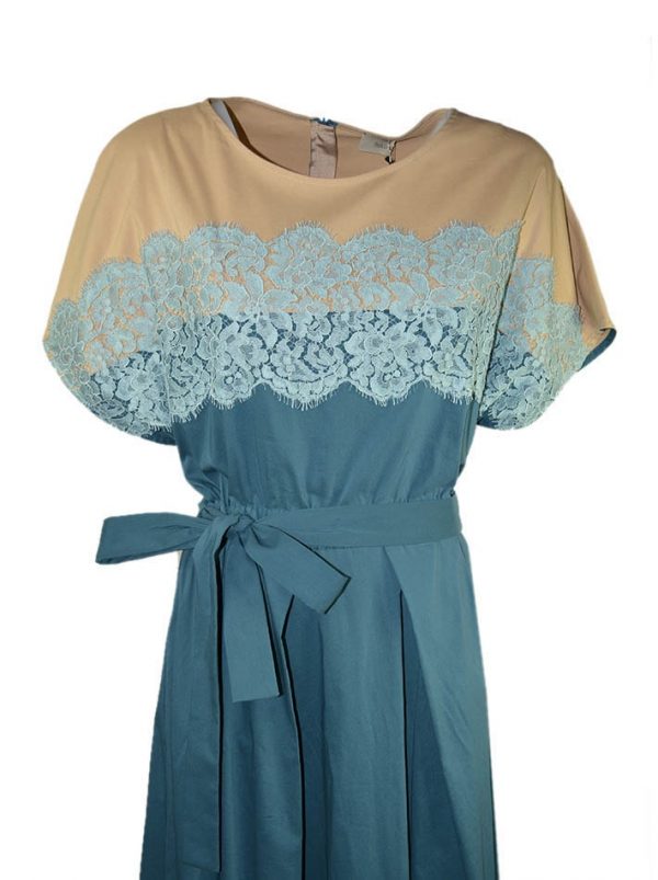 Платье Nolo бирюзово-бежевое с гипюром на груди