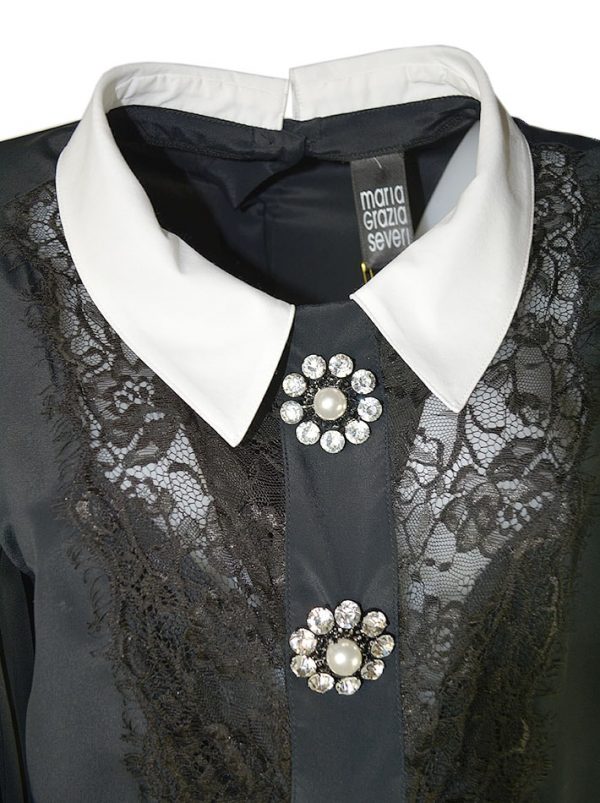 Рубашка Maria Grazia Severi черная шелковая с белым воротником и камнями