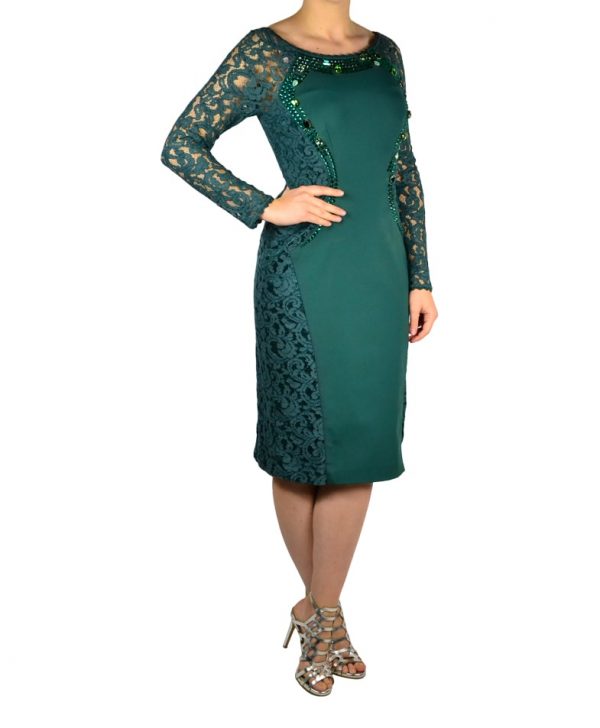 Платье Maria Grazia Severi зеленое комбинированное гипюром спереди камни