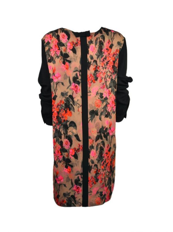 Платье VDP черное с цветочным принтом по линии выреза имитация воротника камнями