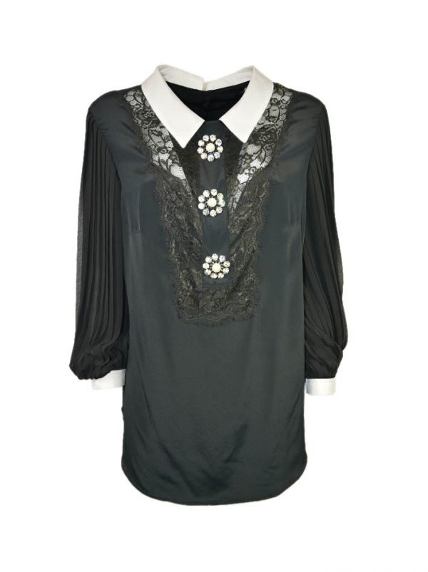 Рубашка Maria Grazia Severi черная шелковая рукав плиссе на груди вставка из гипюра с декоративными пуговицами