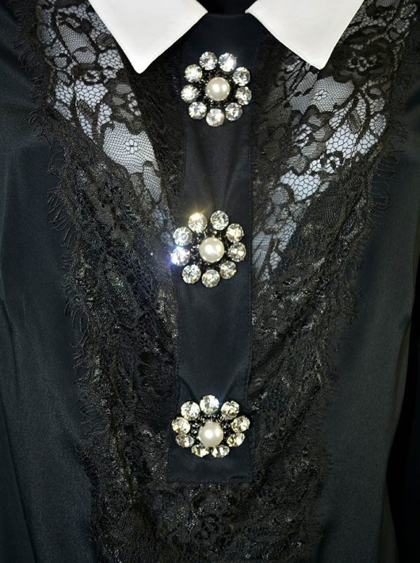 Рубашка Maria Grazia Severi черная шелковая рукав плиссе на груди вставка из гипюра с декоративными пуговицами