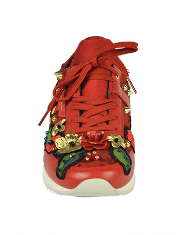 Кроссовки Dolce&Gabbana красные кожаные с вышивкой и камнями