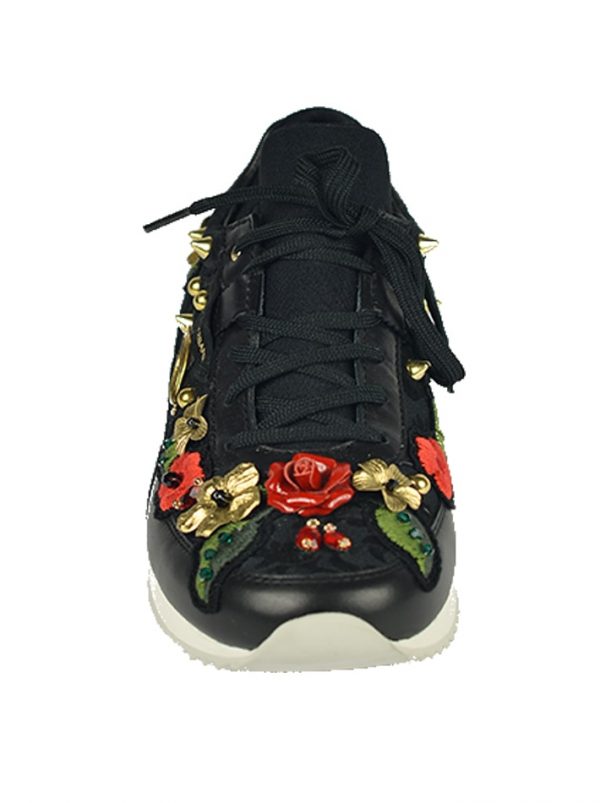 Кроссовки Dolce&Gabbana черные кожаные с вышивкой и камнями