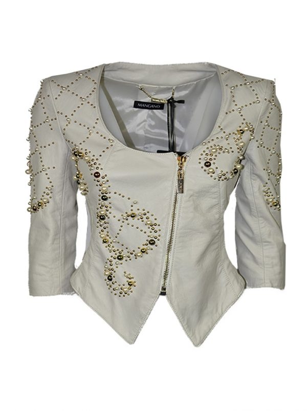 Куртка Mangano белая кожаная с золотыми клепками и жемчугом
