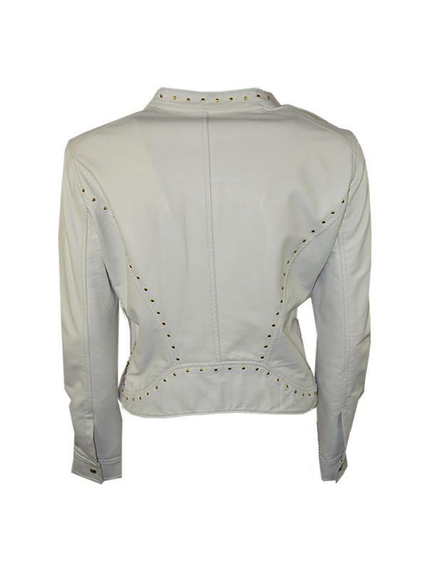Куртка Versace белая кожаная с золотыми клепками и разноцветной вышивкой
