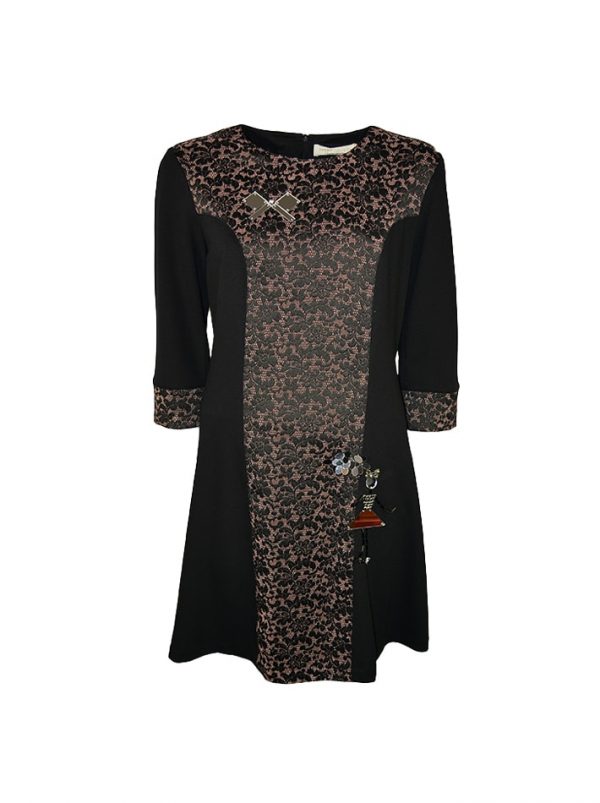 Платье Petite Couture черное комбинированное с черно-розовой вышивкой с рисунком из камней и бисера