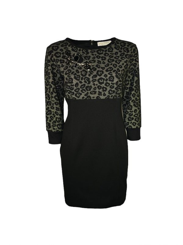 Платье Petite Couture черное леопардовый принт с люрексом на груди вышивка с камнями