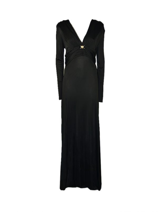 Платье Versace черное с драпировкой и фирменным логотипом