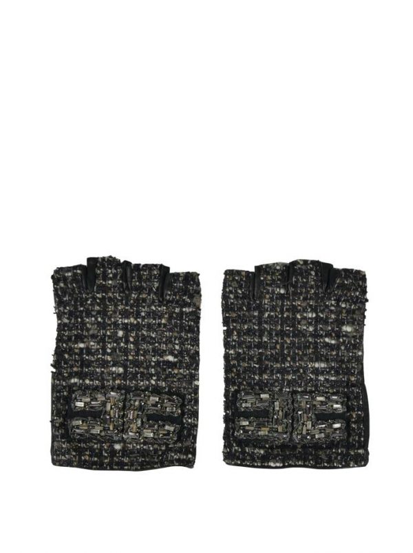 Гловелетты Elisabetta Franchi серые твидовые с камнями комбинированные с черной кожей
