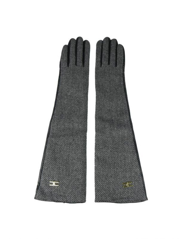 Перчатки Elisabetta Franchi серые твидовые комбинированные с черной кожей