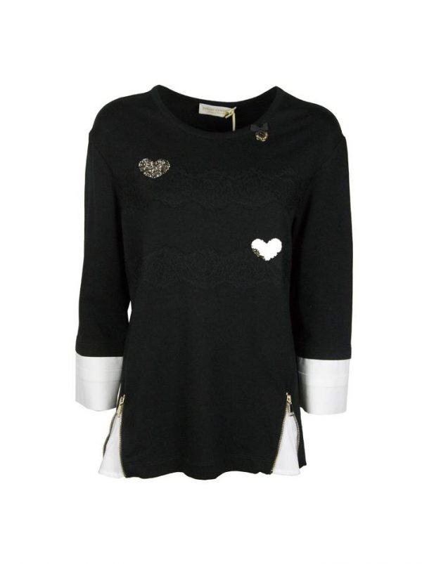 Кофта Petite Couture черная с белыми манжетами гипюром и камнями