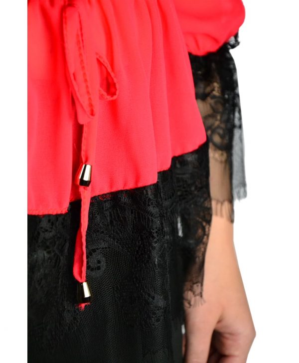 Блузка Mary D'aloia красная комбинированная с черным гипюром