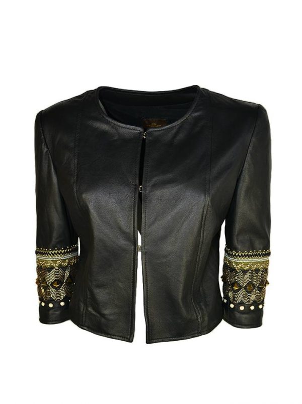 Куртка Gil Santucci черная кожаная с вышивкой и клёпками