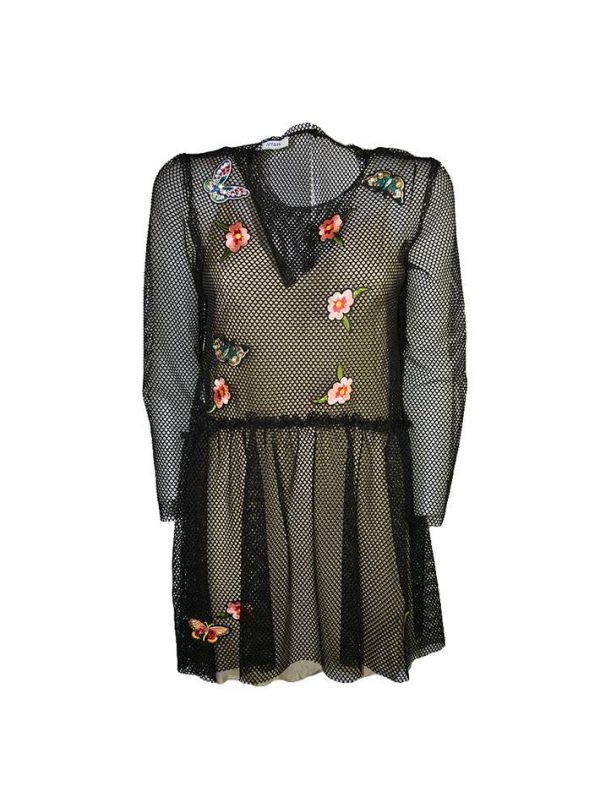 Платье Tenax черная сетка с вышивкой и камнями и бежевым подкладом