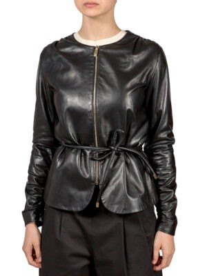 Куртка Luisa Spagnoli кожа черного цвета с поясом